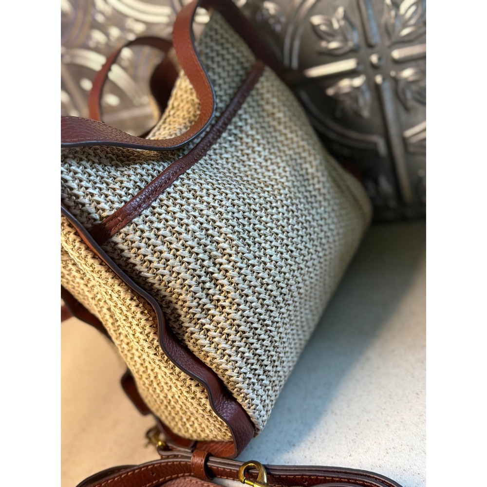 American Leather Co Bag Tan Woven Straw Leather Trim Satchel Crossbody Handbag - Picture 6 of 11